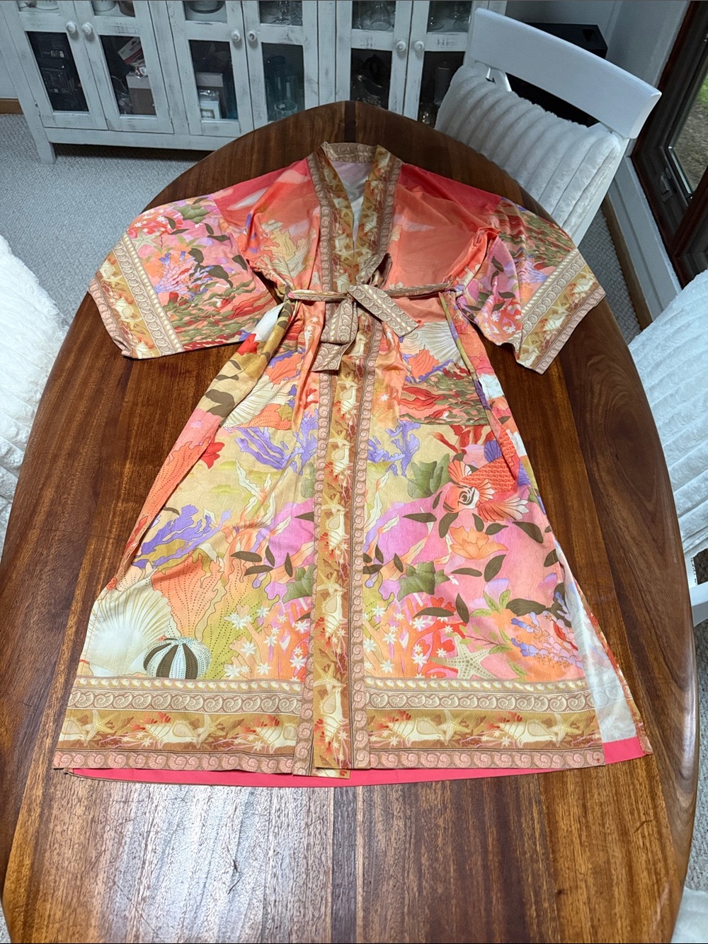 Floral Coral Satiny Kimono Robe with Tie Belt